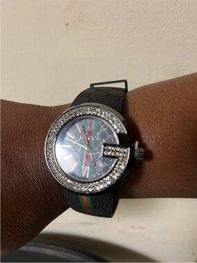 Black Crystal-Trim Rubber Strap Men's Watch